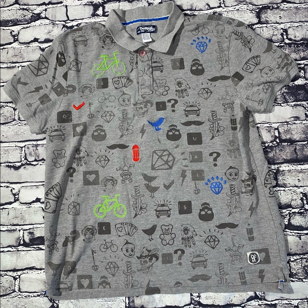 Desigual Polo Cotton Blend Shirt XX Random Lucky Theme Graphic Print Man Knit